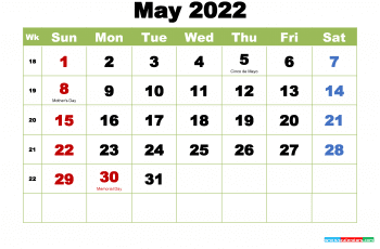 Free May 2022 Calendar with Holidays Printable PDF and Image