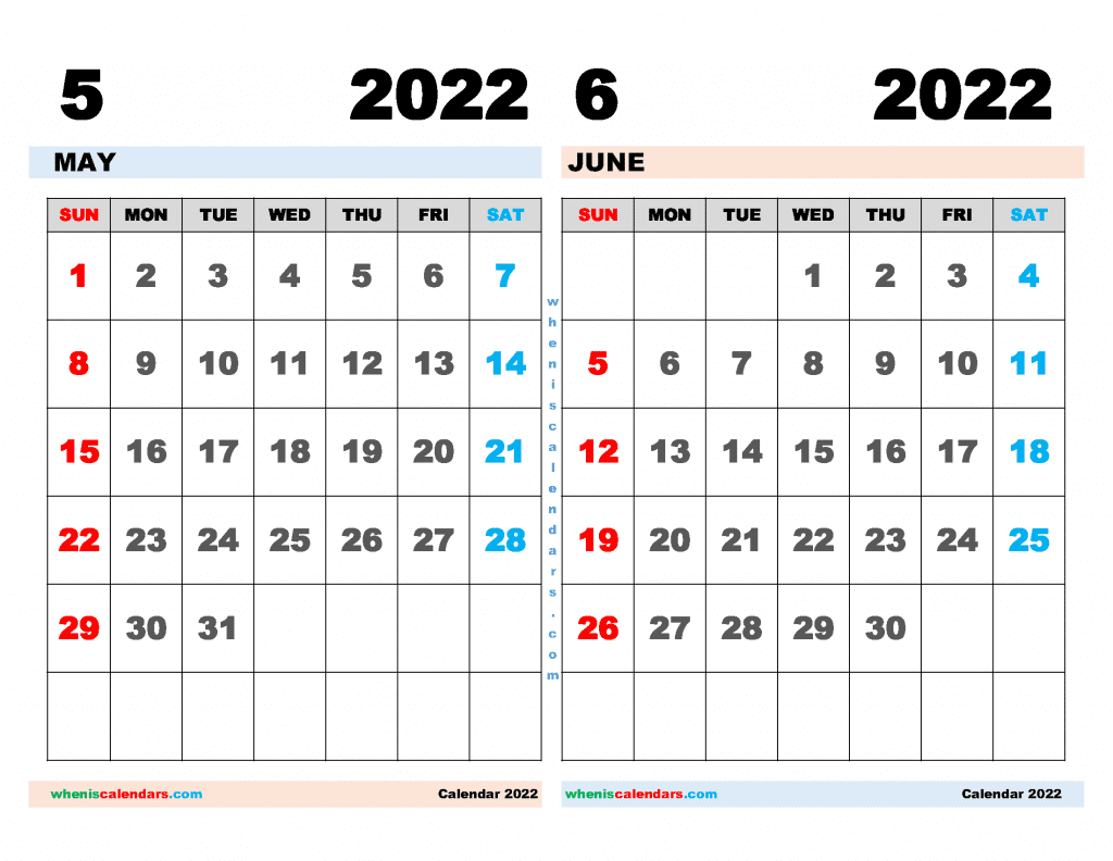 Download Free May and June 2022 Calendar Printable as PDF document and high resolution PNG Image file format