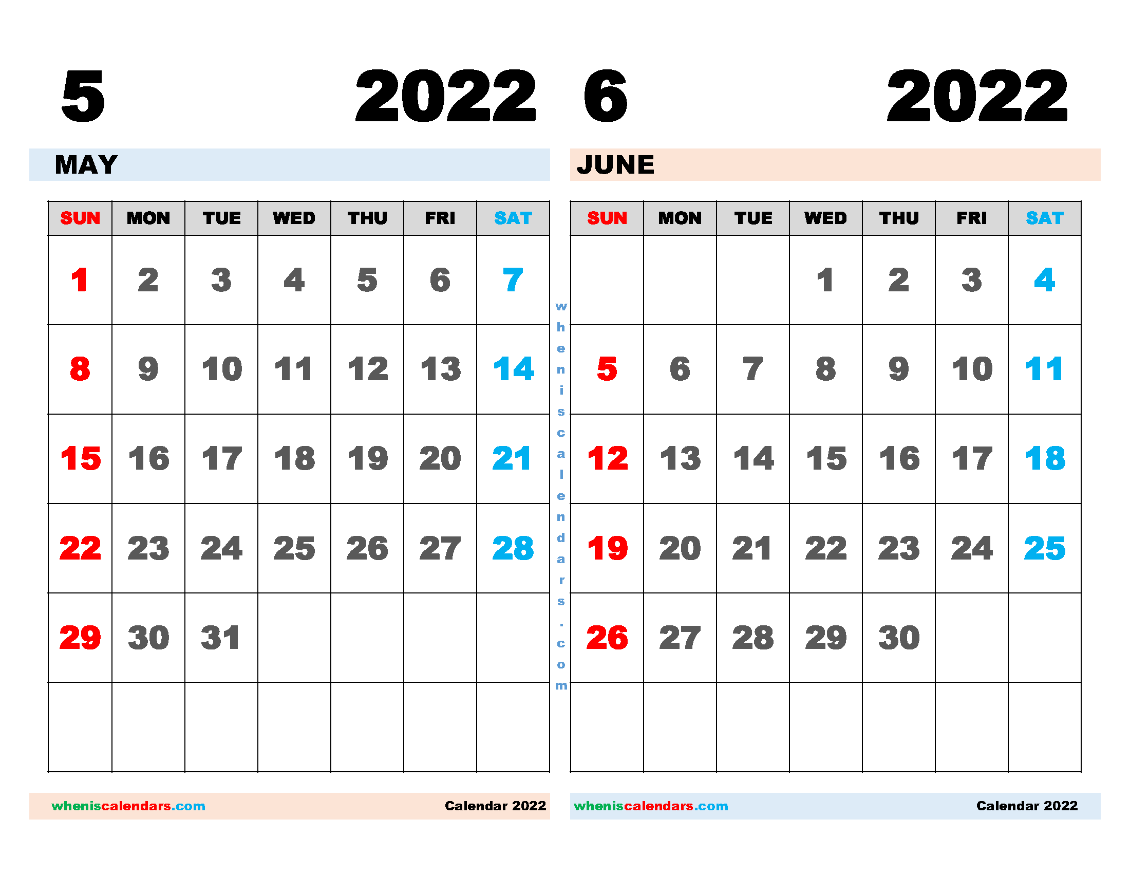 Download Free May and June 2022 Calendar Printable as PDF document and high resolution PNG Image file format (landcape)
