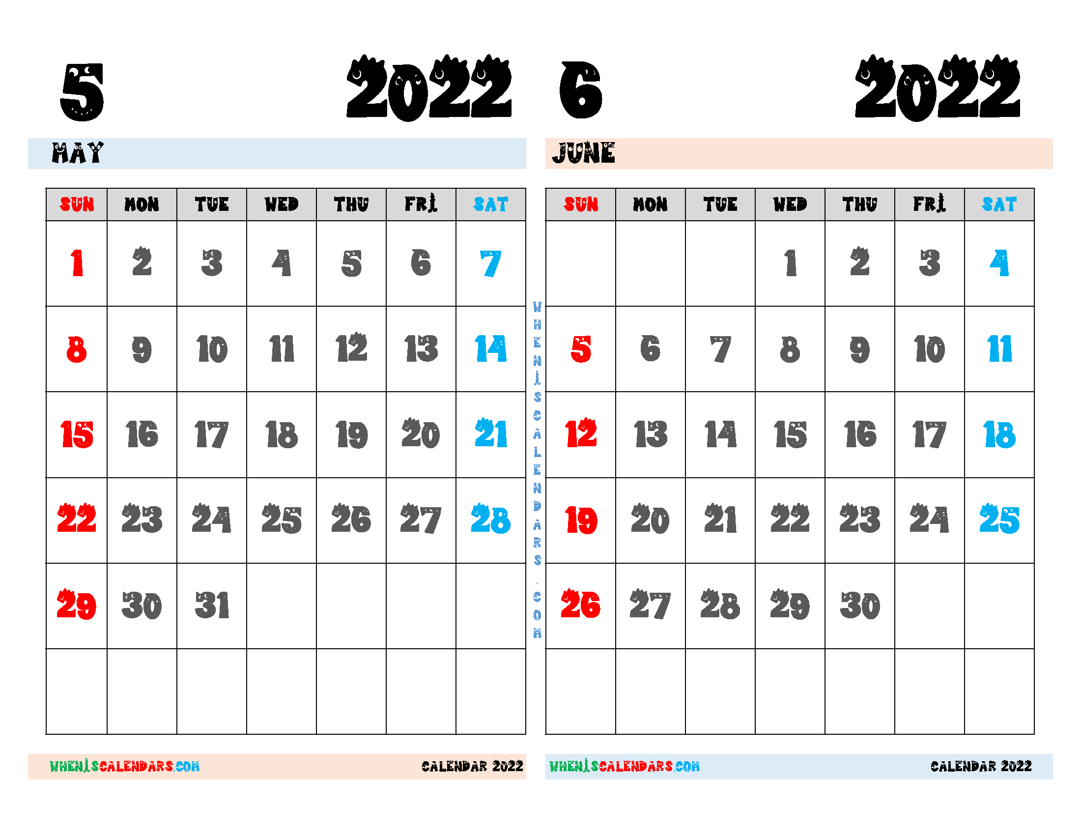 Download Free May and June 2022 Calendar Printable as PDF document and high resolution PNG Image file format (landcape)