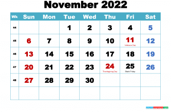 Free November 2022 Calendar with Holidays Printable PDF and Image