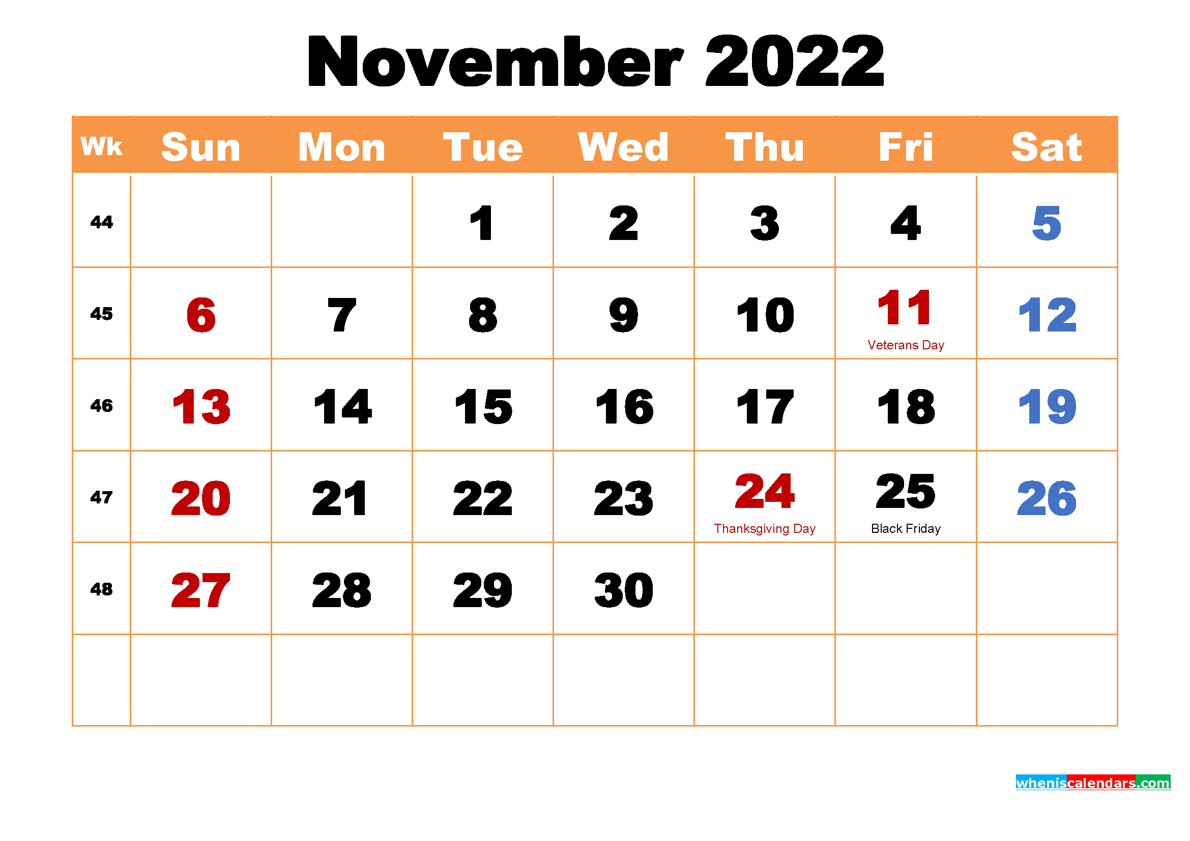 November 2022 Calendar Thanksgiving Free November 2022 Calendar With Holidays Printable