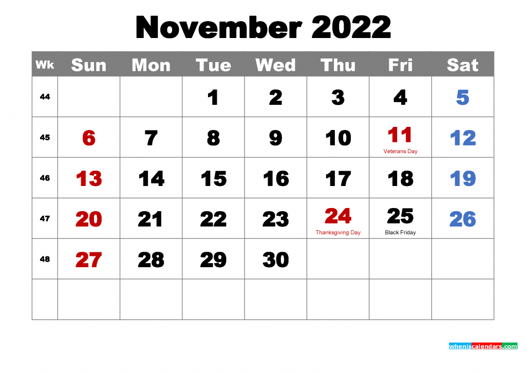 Free November 2022 Calendar with Holidays Printable PDF and Image