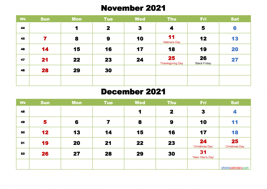 Free November and December 2021 Calendar Printable 2 Month on One Page