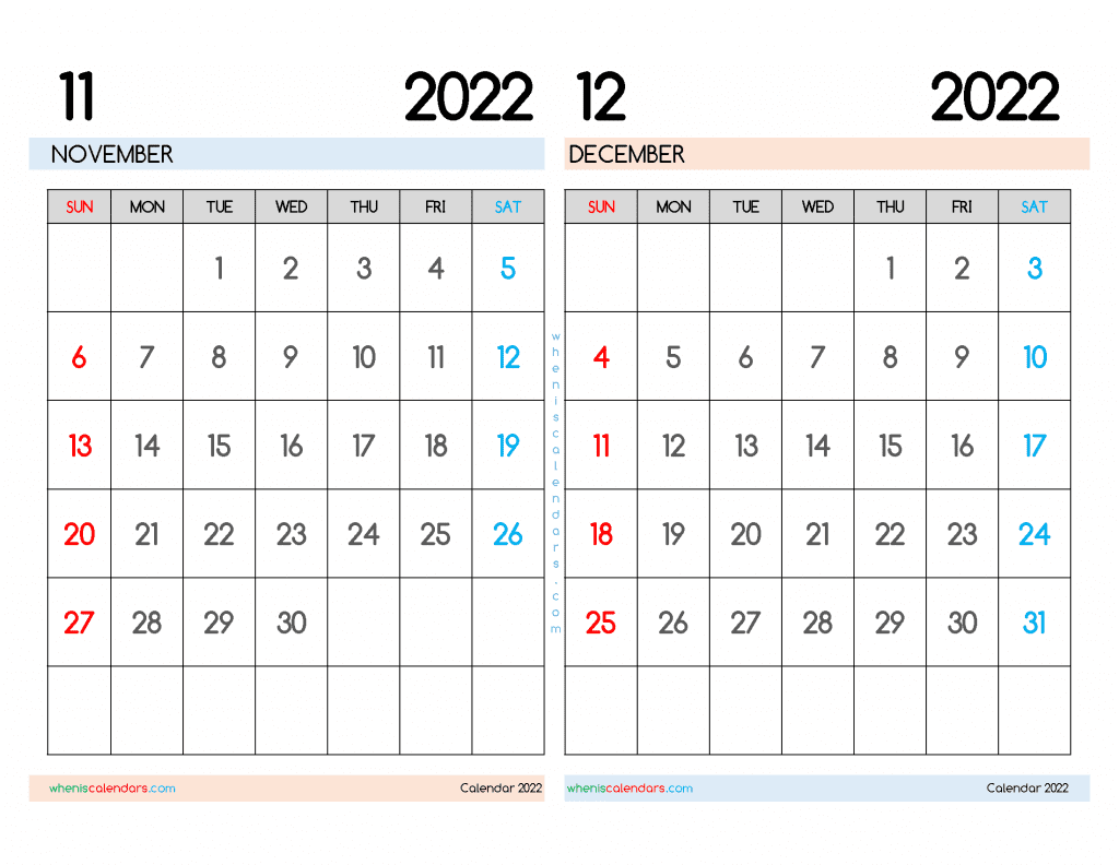 Free November December 2022 Calendar Printable PDF ducoment and high resolution Image file