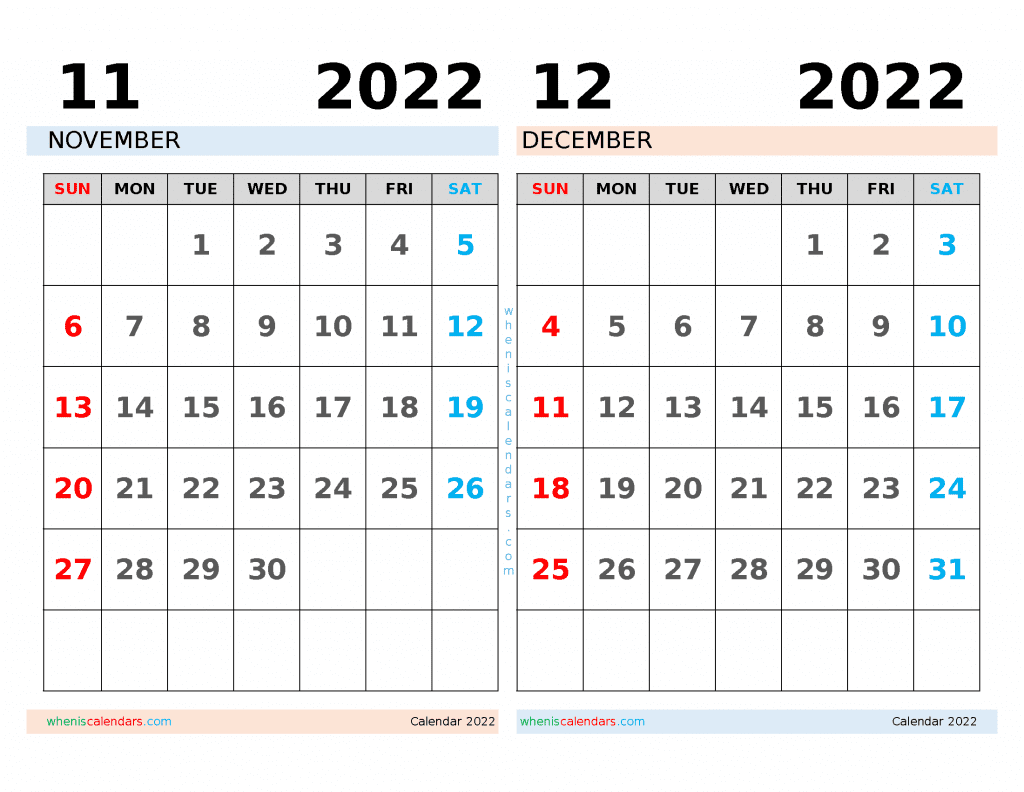 Download Free November and December 2022 Calendar Printable as PDF and Word document and high resolution Image file format
