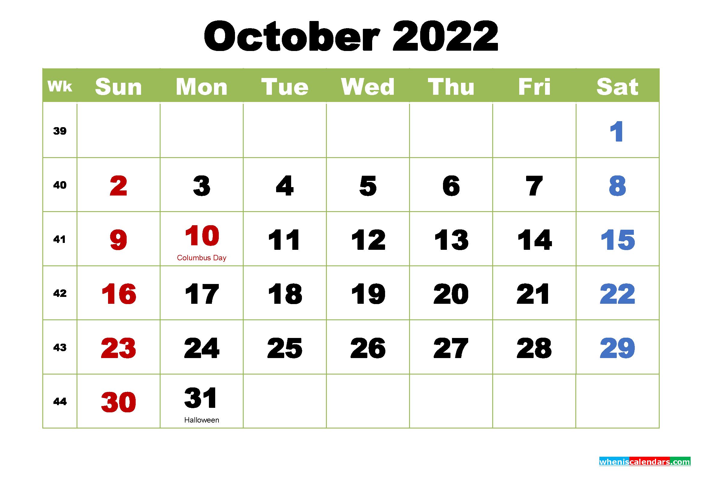 October 2022 Calendar Columbus Day Free October 2022 Calendar With Holidays Printable