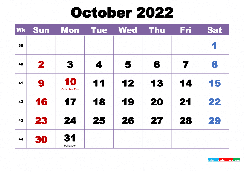 Free October 2022 Calendar with Holidays Printable PDF and Image