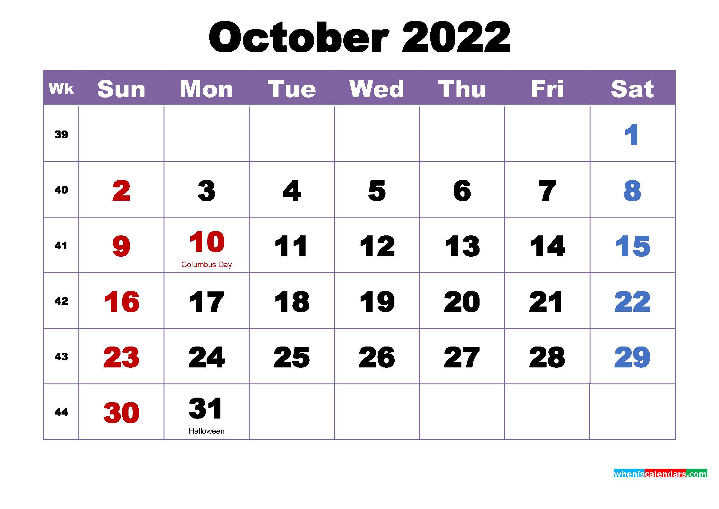 Oct 2022 Calendar With Holidays Free October 2022 Calendar With Holidays Printable