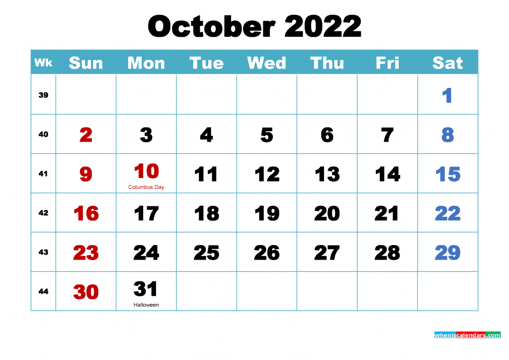 Free October 2022 Calendar with Holidays Printable PDF and Image