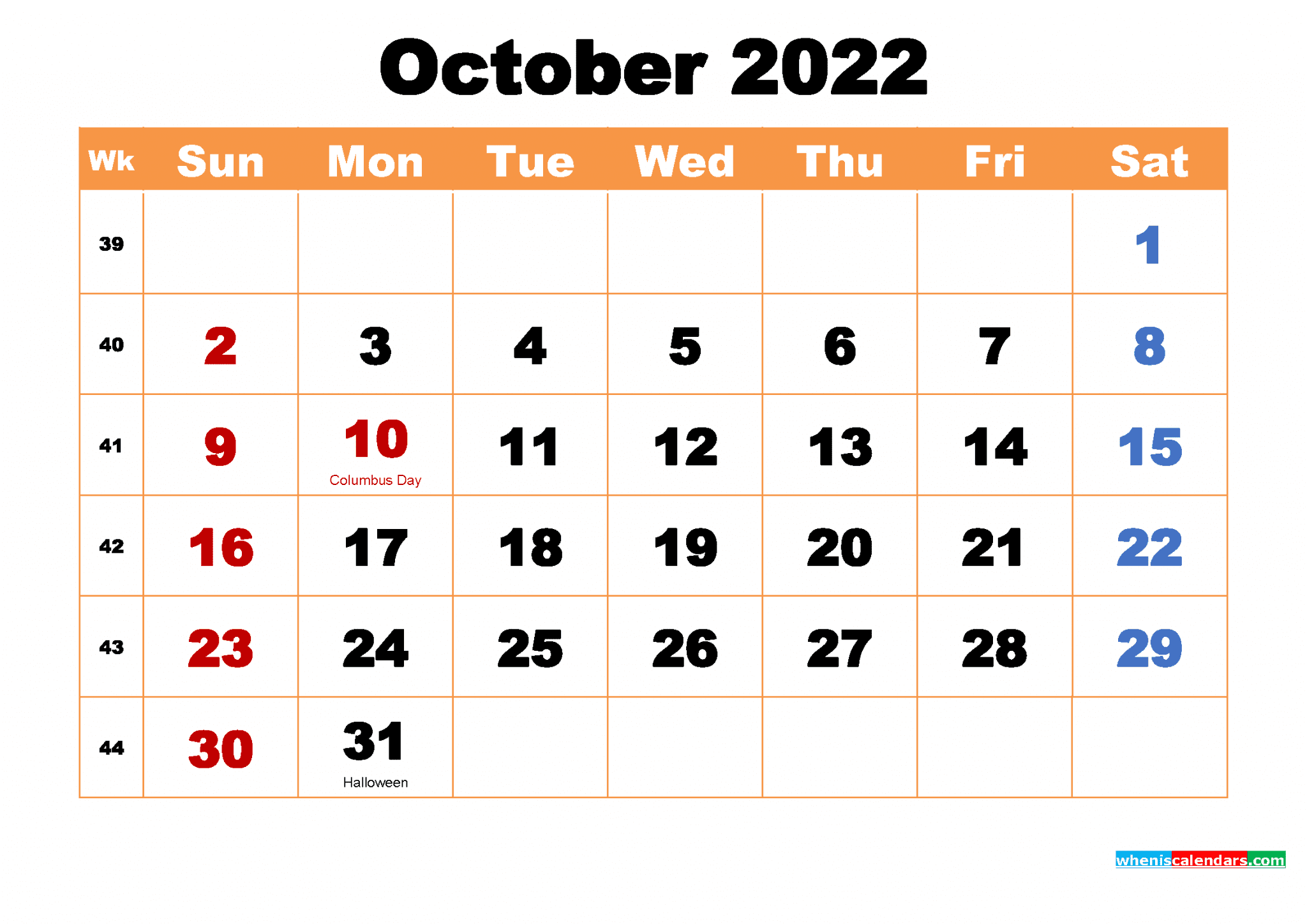 Free October 2022 Calendar With Holidays Printable