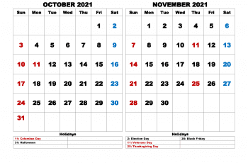 Download Free October November 2021 Calendar Printable as PDF and PNG file format