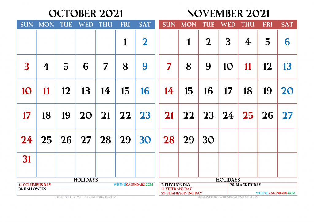 Free Download Printable October November 2021 Calendar with Holidays as PDF and Image