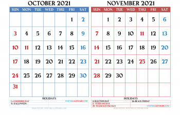 Free Download October November 2021 Calendar Printable as PDF and Image