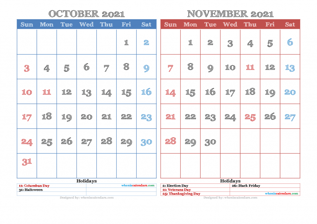 Free Printable October November 2021 Calendar with Holidays 2 Month Calendar on One Page