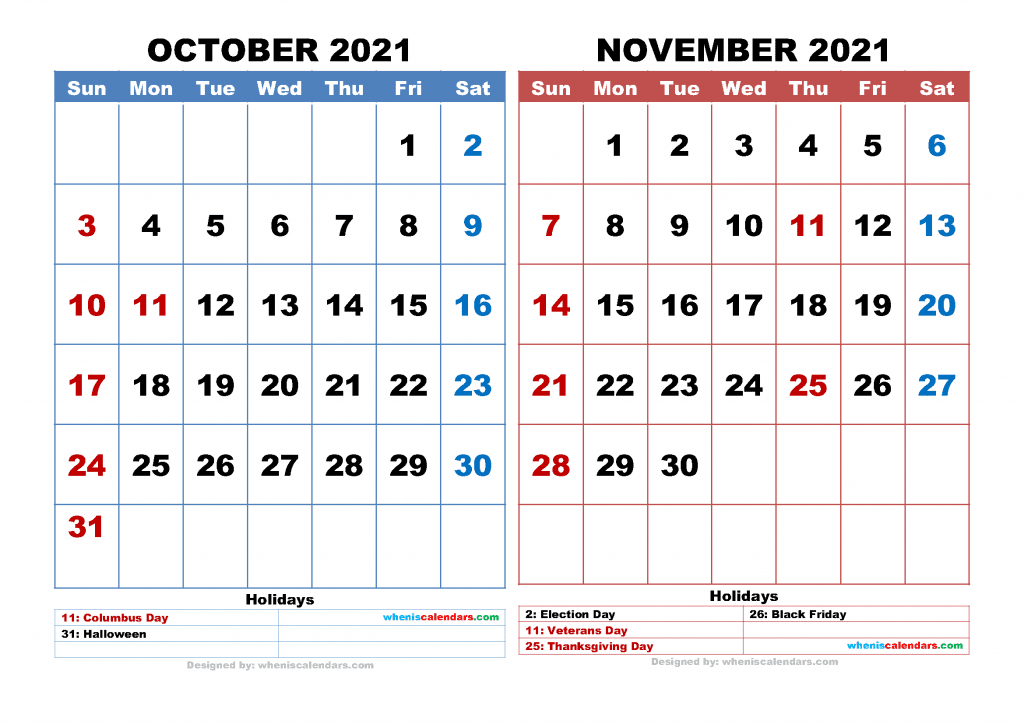 Free Download October November 2021 Calendar Printable as PDF and Image