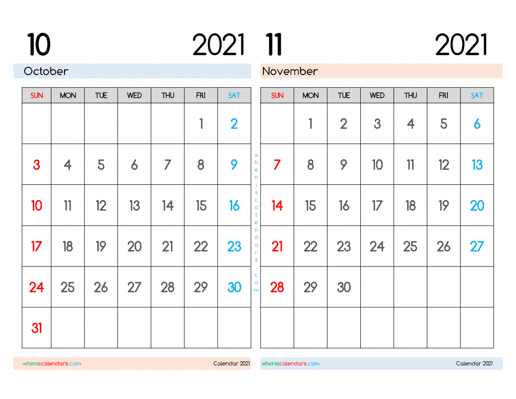 Free October November 2021 Calendar Printable PDF
