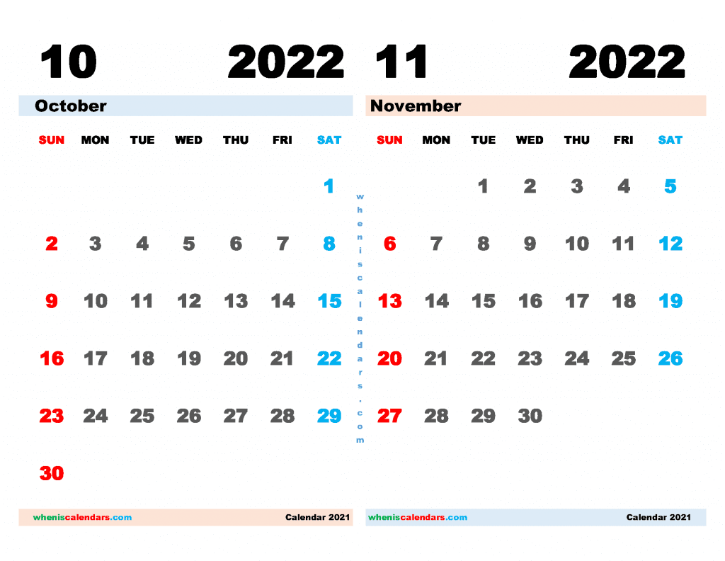 Free October November 2022 Calendar Printable PDF document and high resolution Image