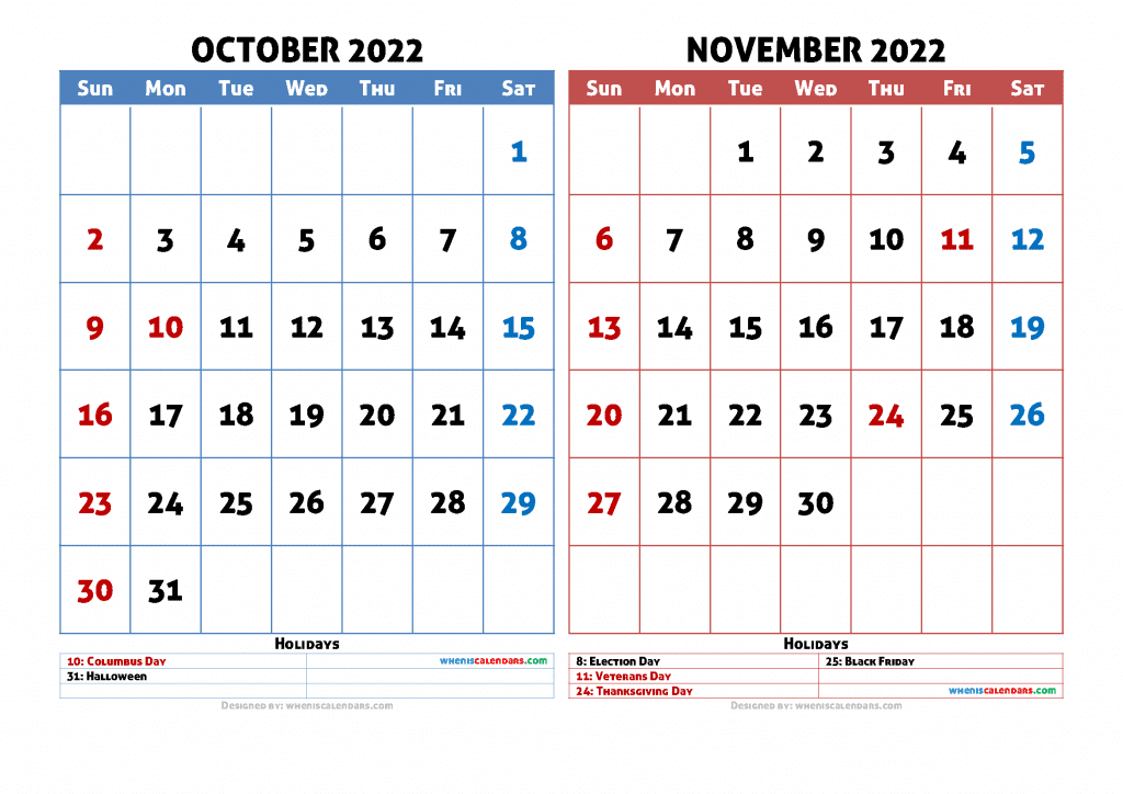 Free October November 2022 Calendar Printable PDF and high resolution image