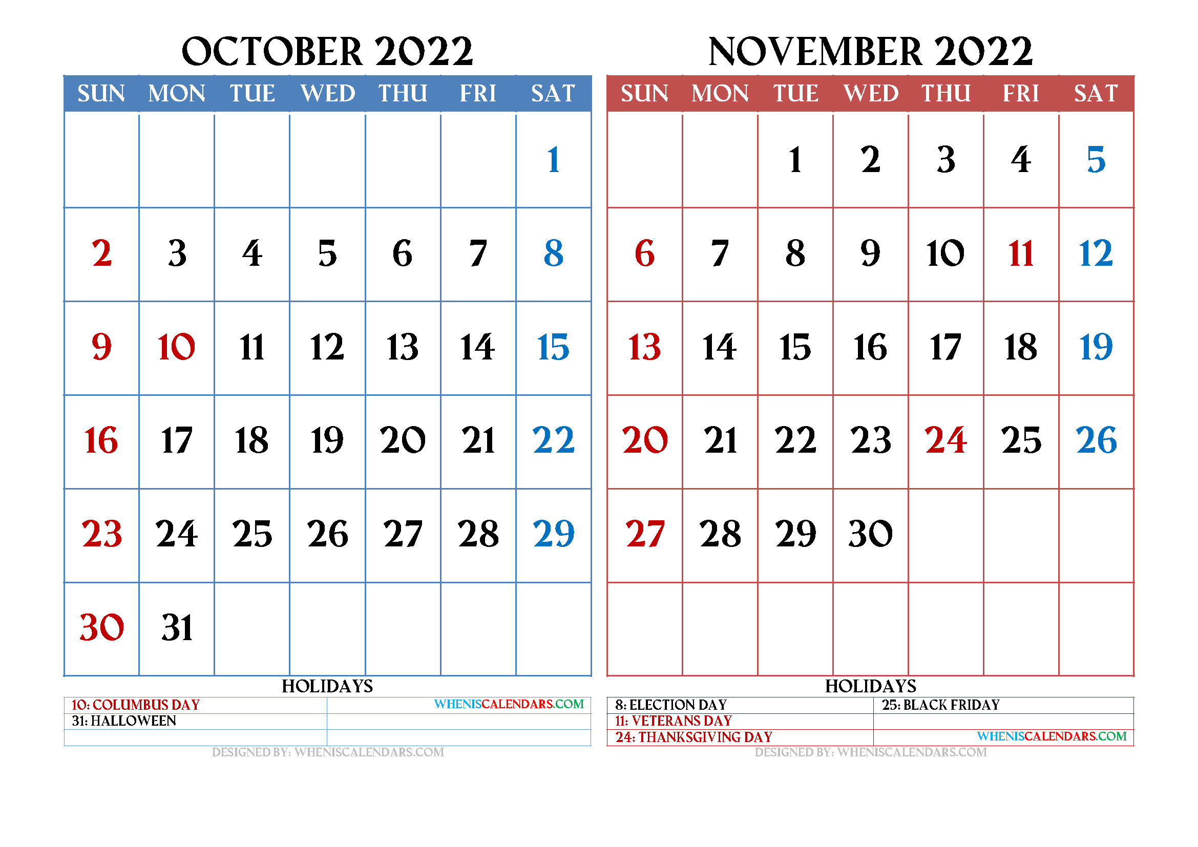 Free October November 2022 Calendar Printable PDF