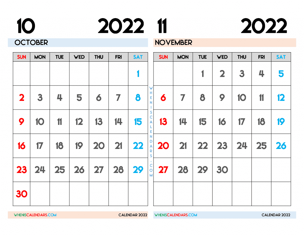 Free October November 2022 Calendar Printable PDF document and high resolution Image