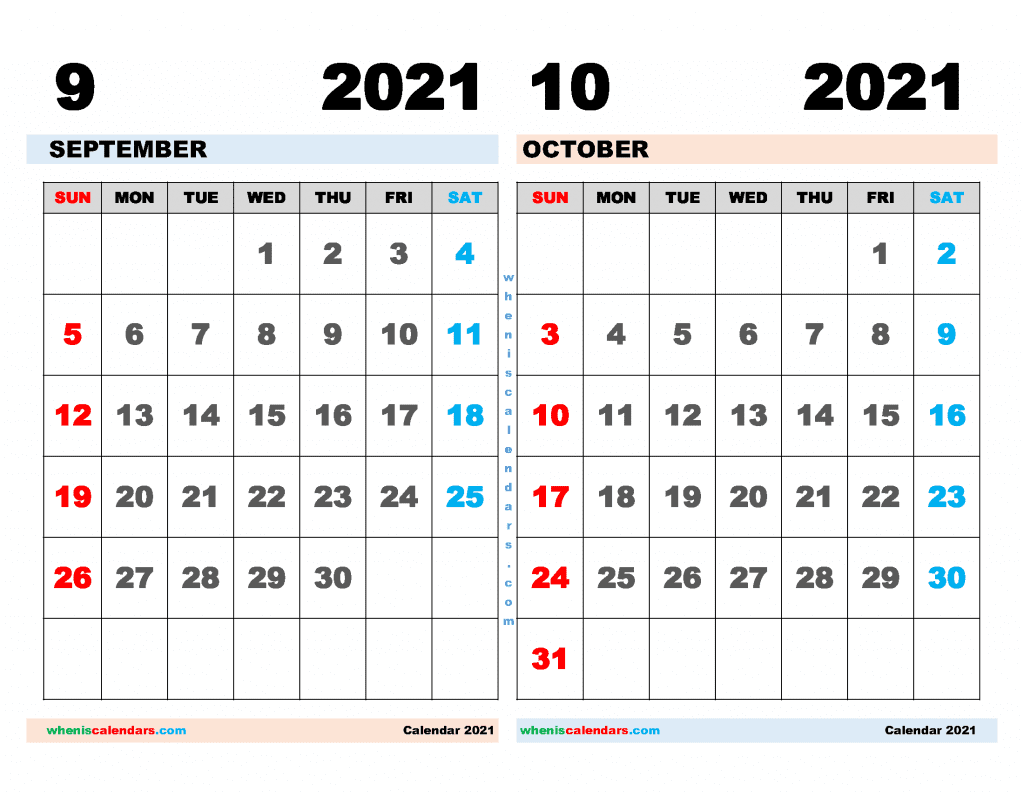 Download Free September and October 2021 Calendar Printable as PDF document and high resolution Image