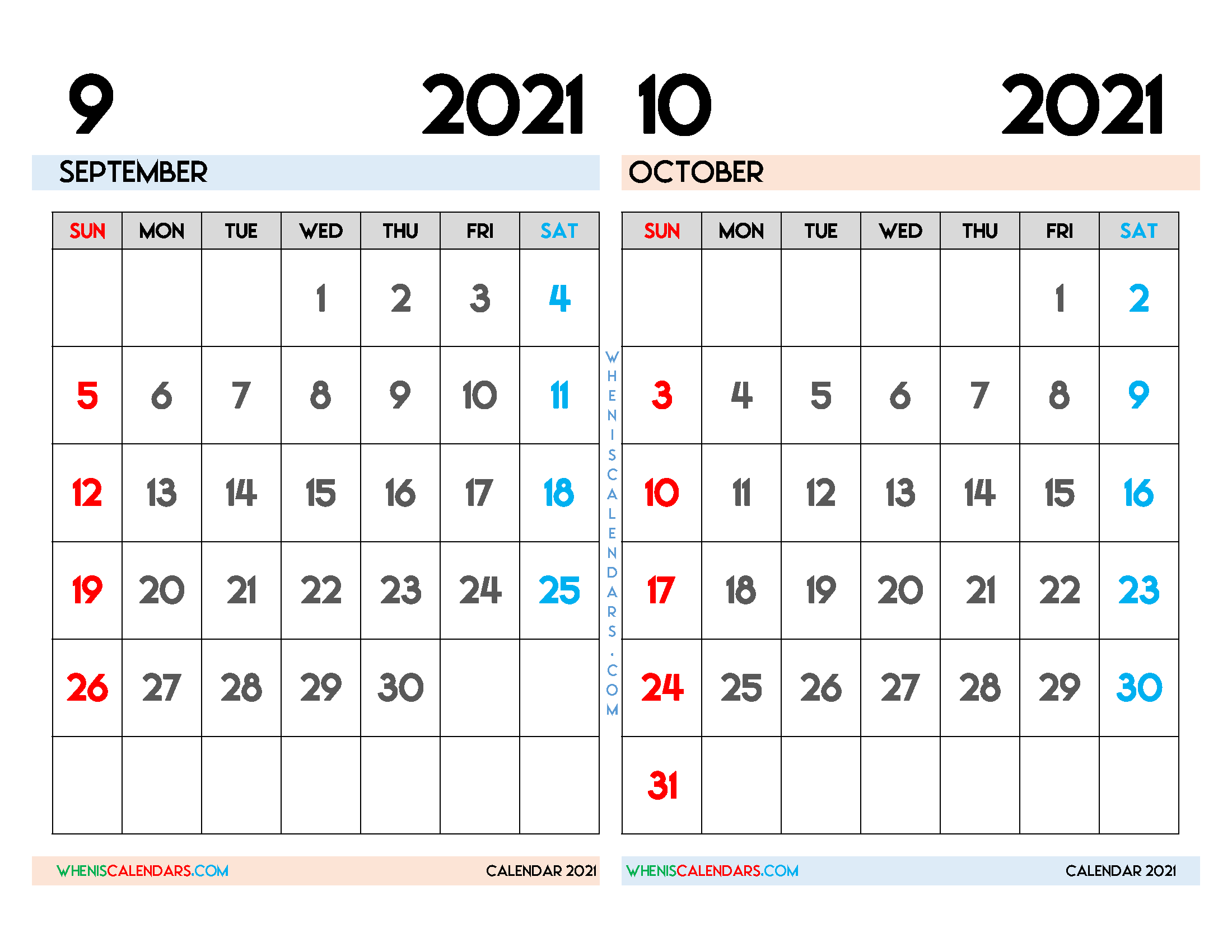 Download Free September and October 2021 Calendar Printable as PDF document and high resolution Image