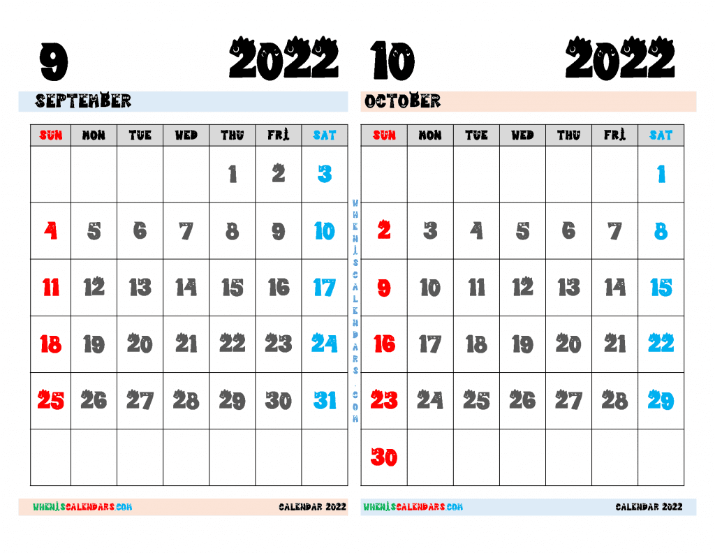 Download Free September and October 2022 Calendar Printable as PDF document and high resolution Image