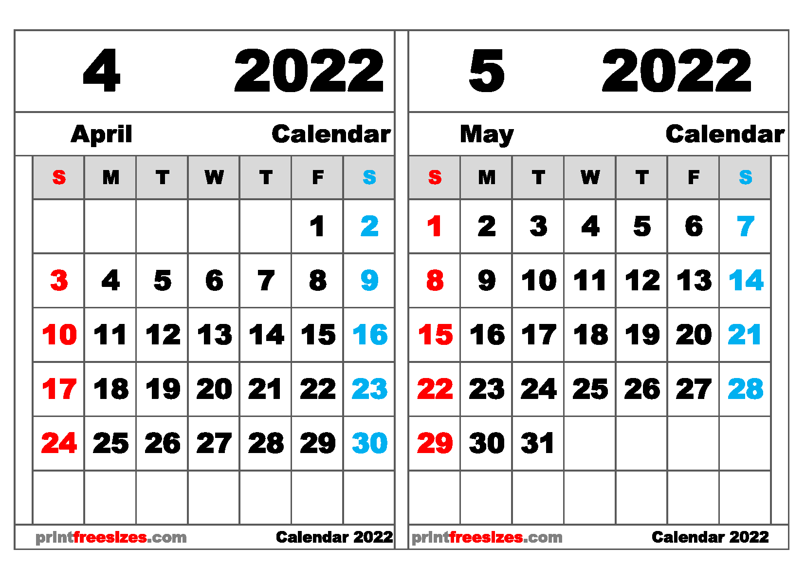 Free April May 2022 Calendar Printable