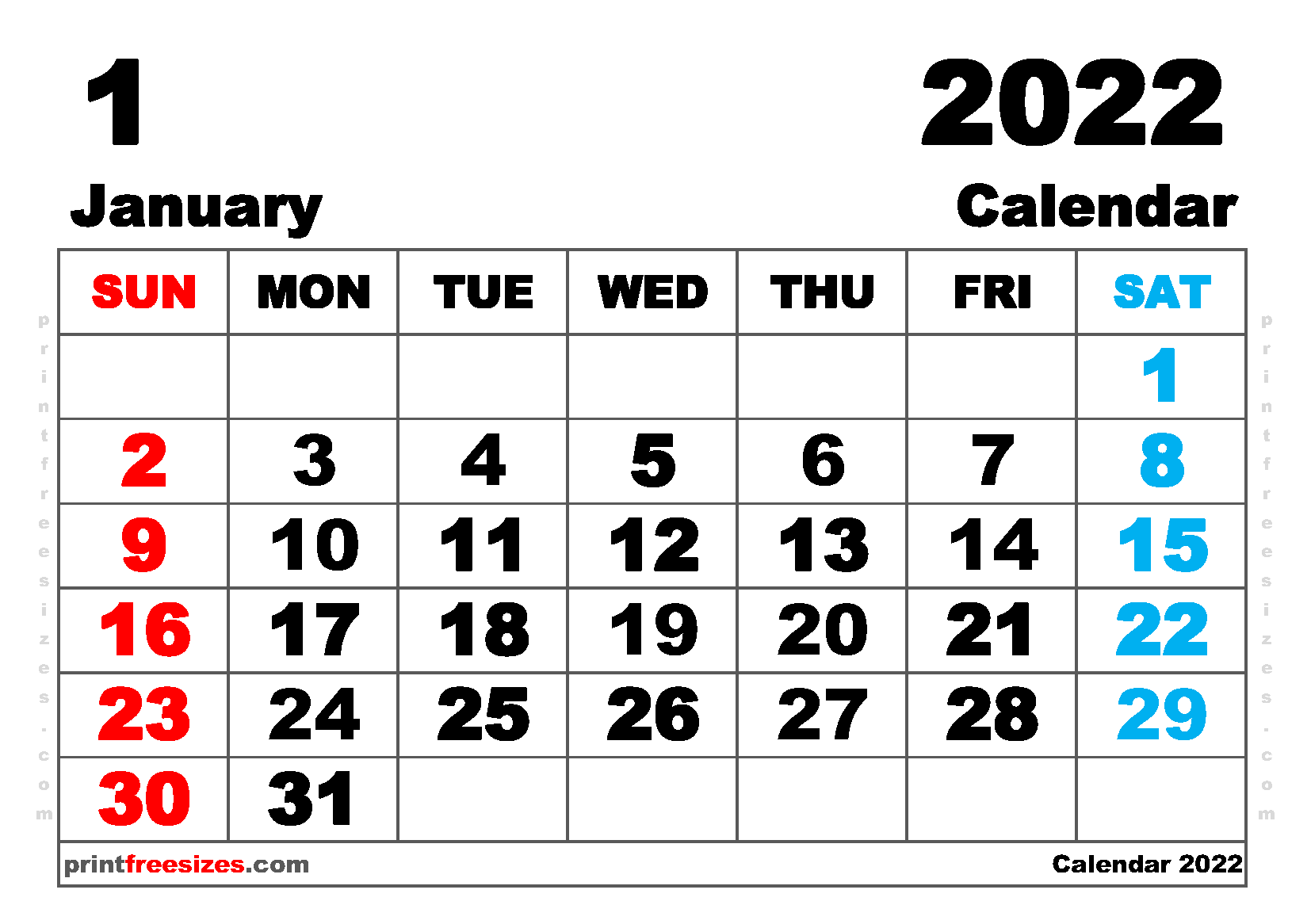 Download Free Printable January 2022 Calendar