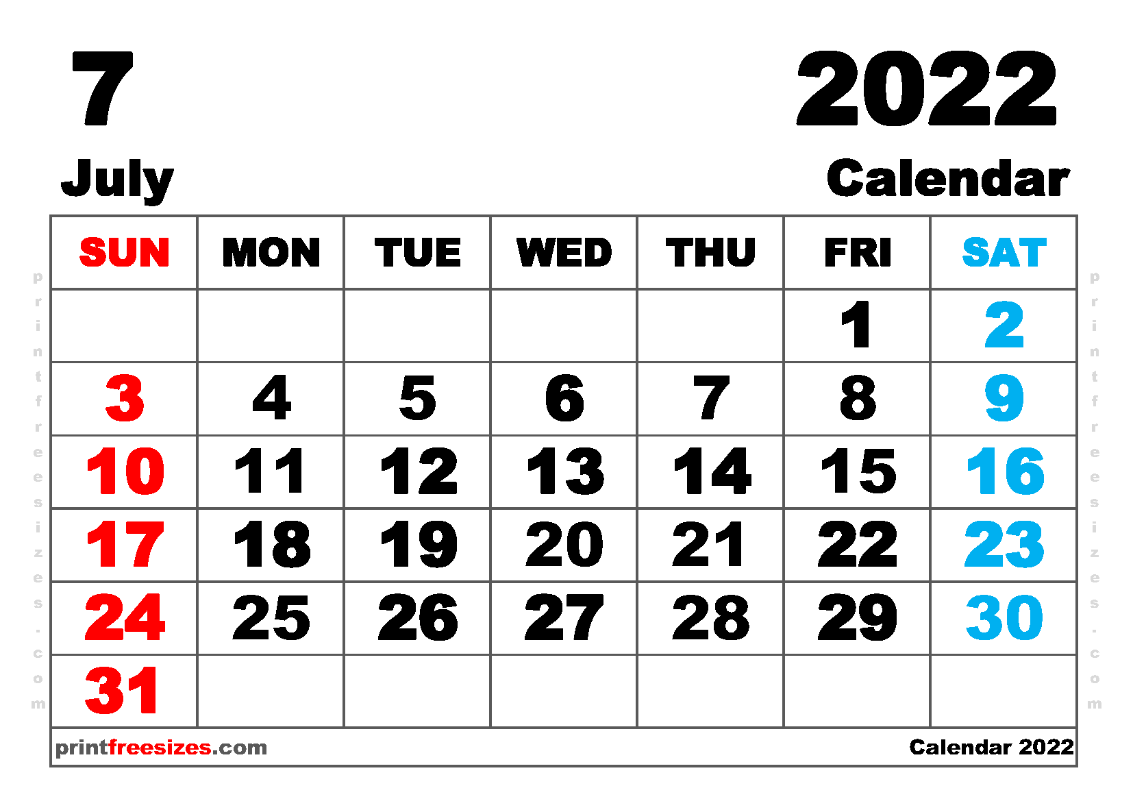 Download Free Printable July 2022 Calendar. Download Best Free 2022 Monthly Calendar Printable