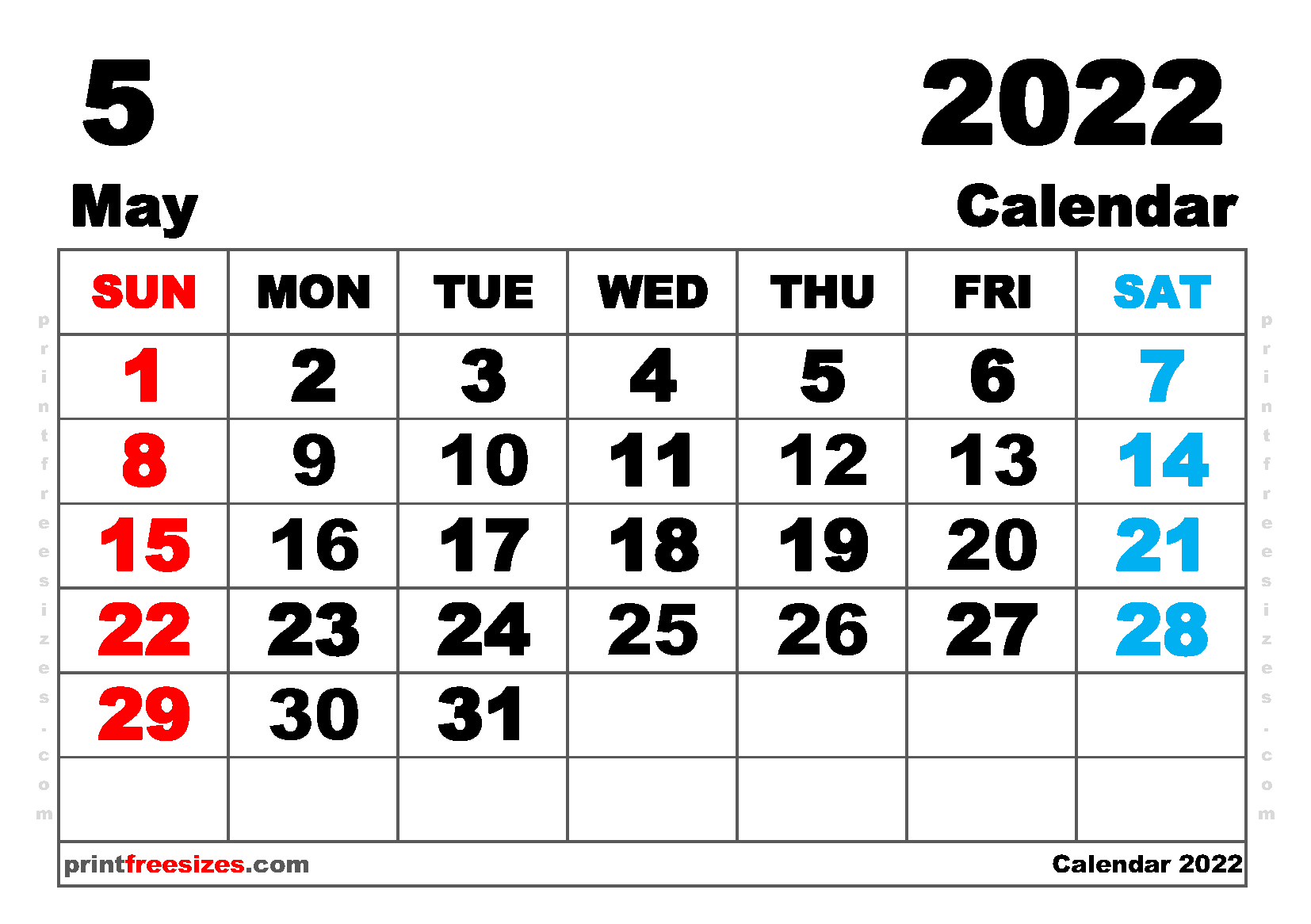 Download Free Printable May 2022 Calendar. Download Best Free 2022 Monthly Calendar Printable