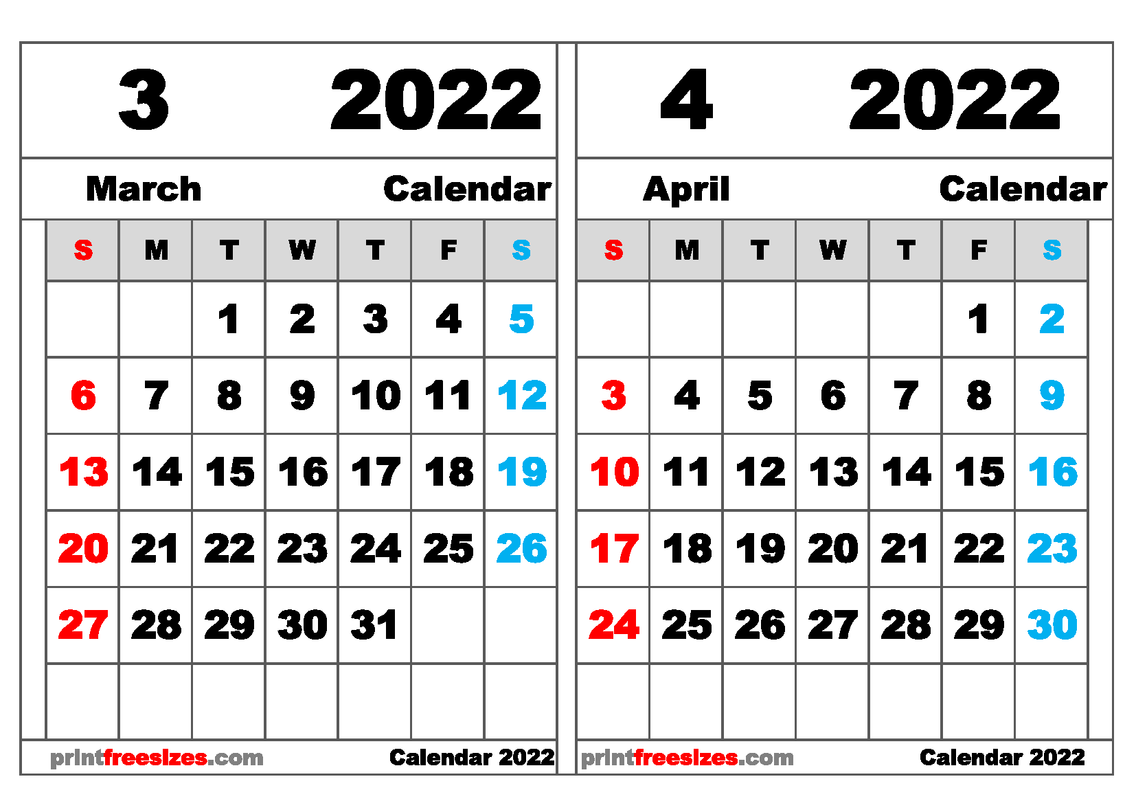 Free March April 2022 Calendar Printable