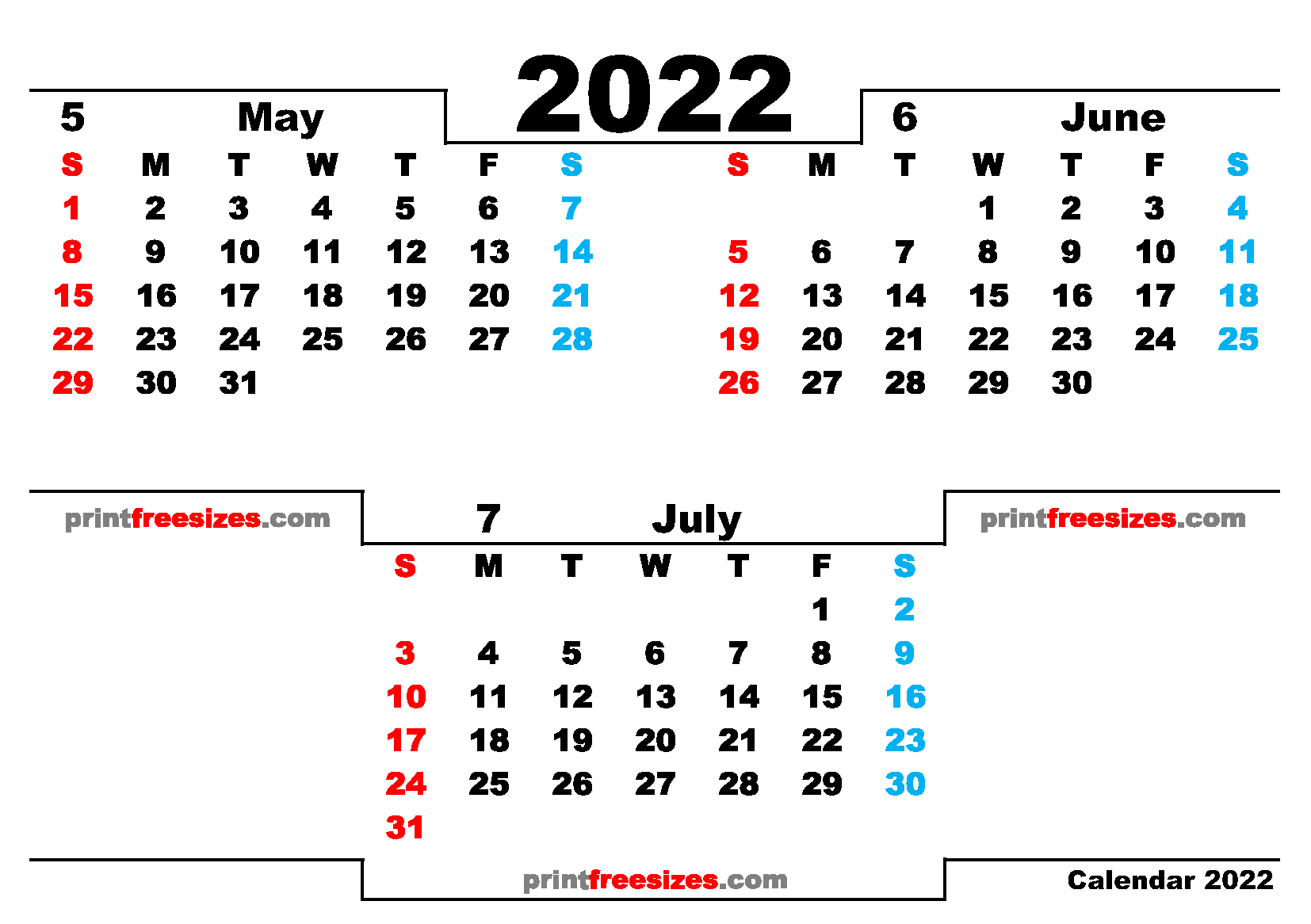 Download Best of Free May June July 2022 Calendar Printable