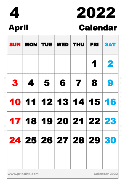 Free Printable April 2022 Calendar A4