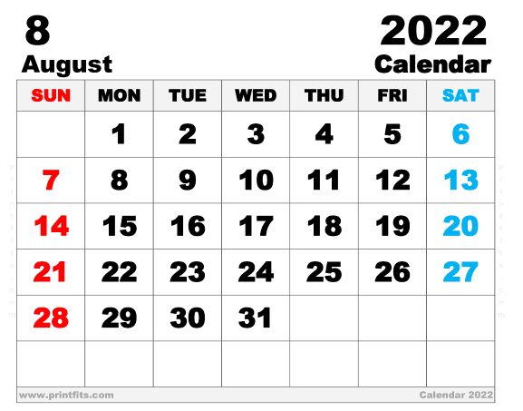 Free Printable August 2022 Calendar 14 x 11 Inches
