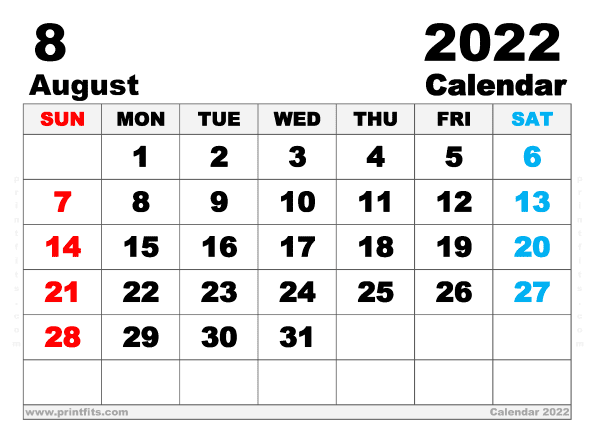 Free Printable August 2022 Calendar A4 Wide