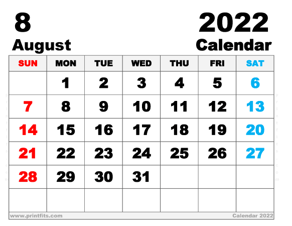 Free Printable August 2022 Calendar Letter Wide