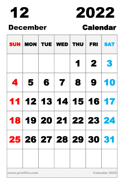 Free Printable December 2022 Calendar A4