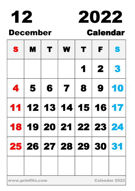 Free Printable December 2022 Calendar A5