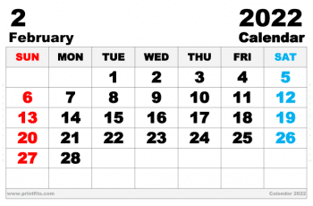 Free Printable February 2022 Calendar Ledger Paper Size
