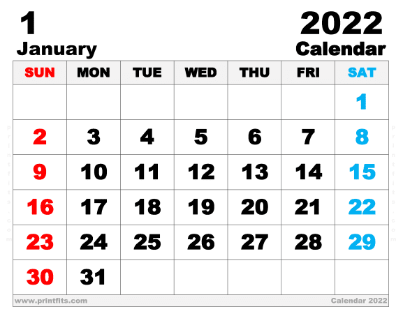 Free Printable January 2022 Calendar 14 x 11 Inches