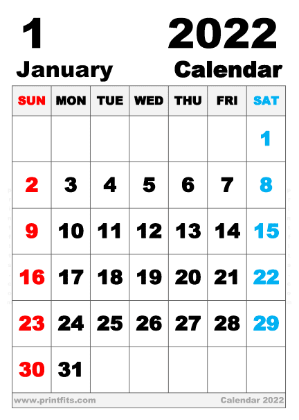 Free Printable January 2022 Calendar B5