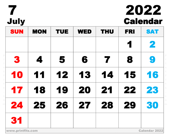 Free Printable July 2022 Calendar 14 x 11 Inches