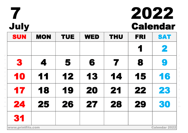 Free Printable July 2022 Calendar A4 Wide