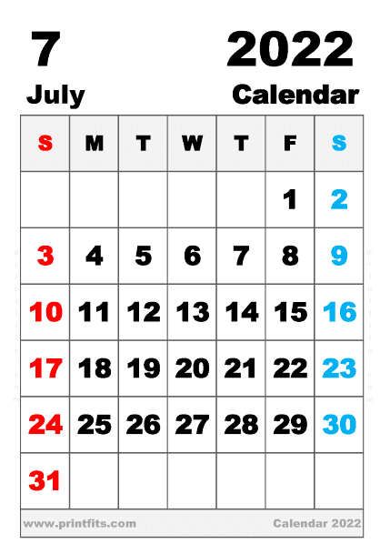 Free Printable July 2022 Calendar A5