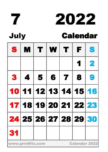 Free Printable July 2022 Calendar A6