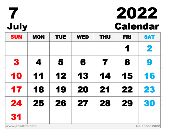 Free Printable July 2022 Calendar Letter Wide