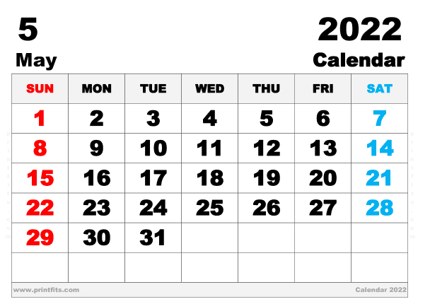 Free Printable May 2022 Calendar A3 Wide