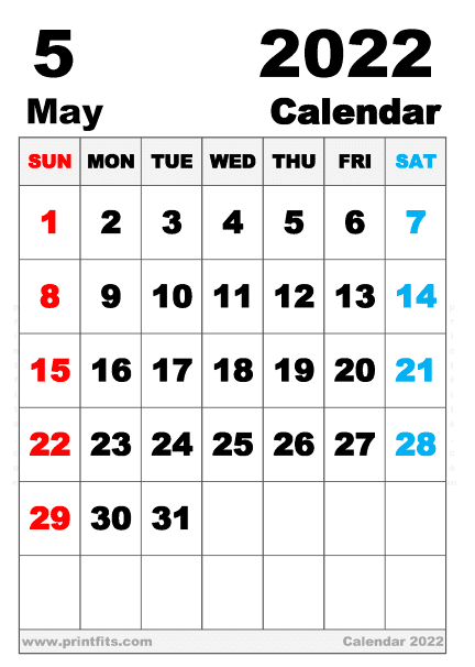 Free Printable May 2022 Calendar B5